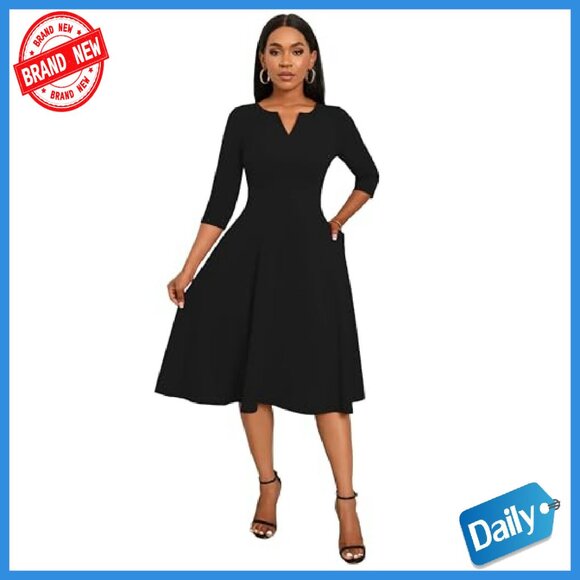 Midi A-Line Fit Flare Dress 3/4 Sleeve V-Neck with Pockets - Picture 3 of 8